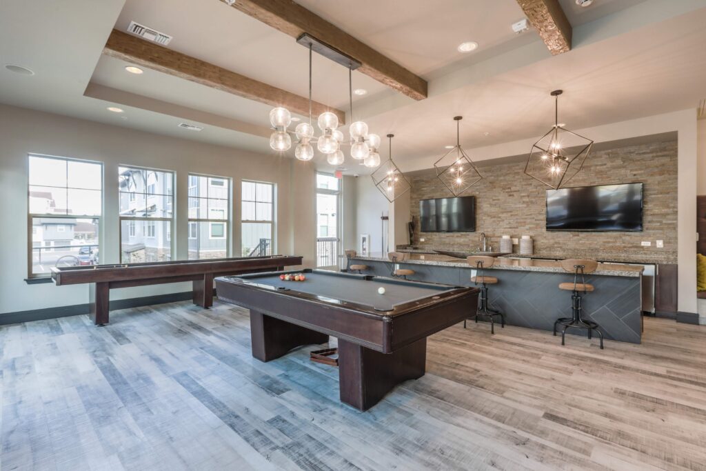 Clubhouse with kitchen, billiards, and shuffleboard