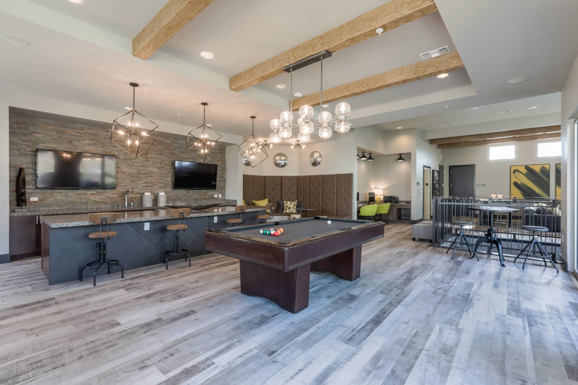 Clubhouse with kitchen, billiards, and shuffleboard