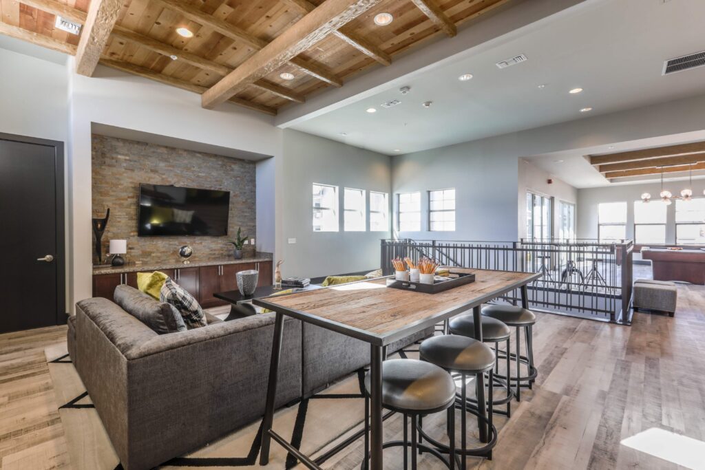 Clubhouse lounge with sofas and TV